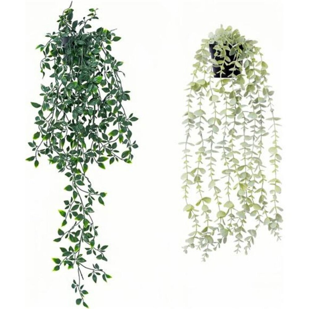 Artificial hanging plants set of 2 potted eucalyptus mandala leaves room decor